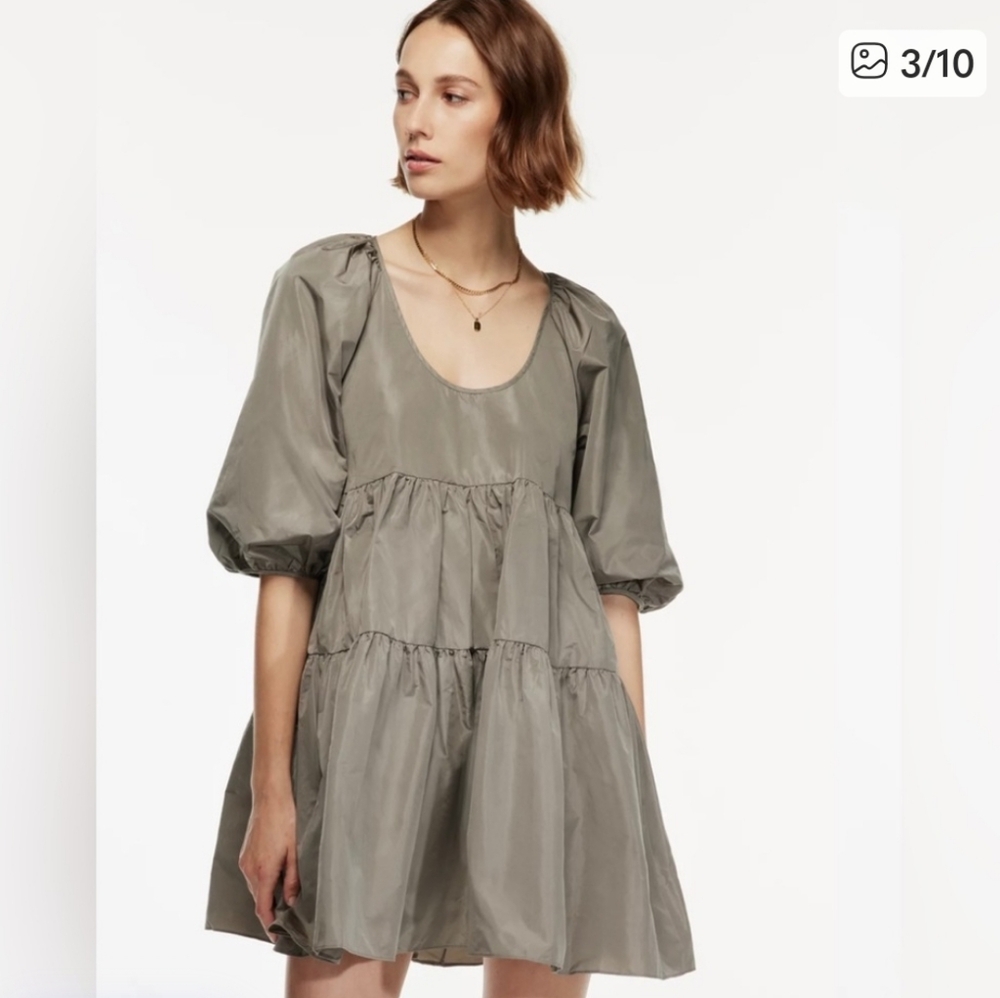 Aritzia Wilfred  Fantasy Babydoll Dress Pistachio Green Puff Sleeve - Picture 2 of 9